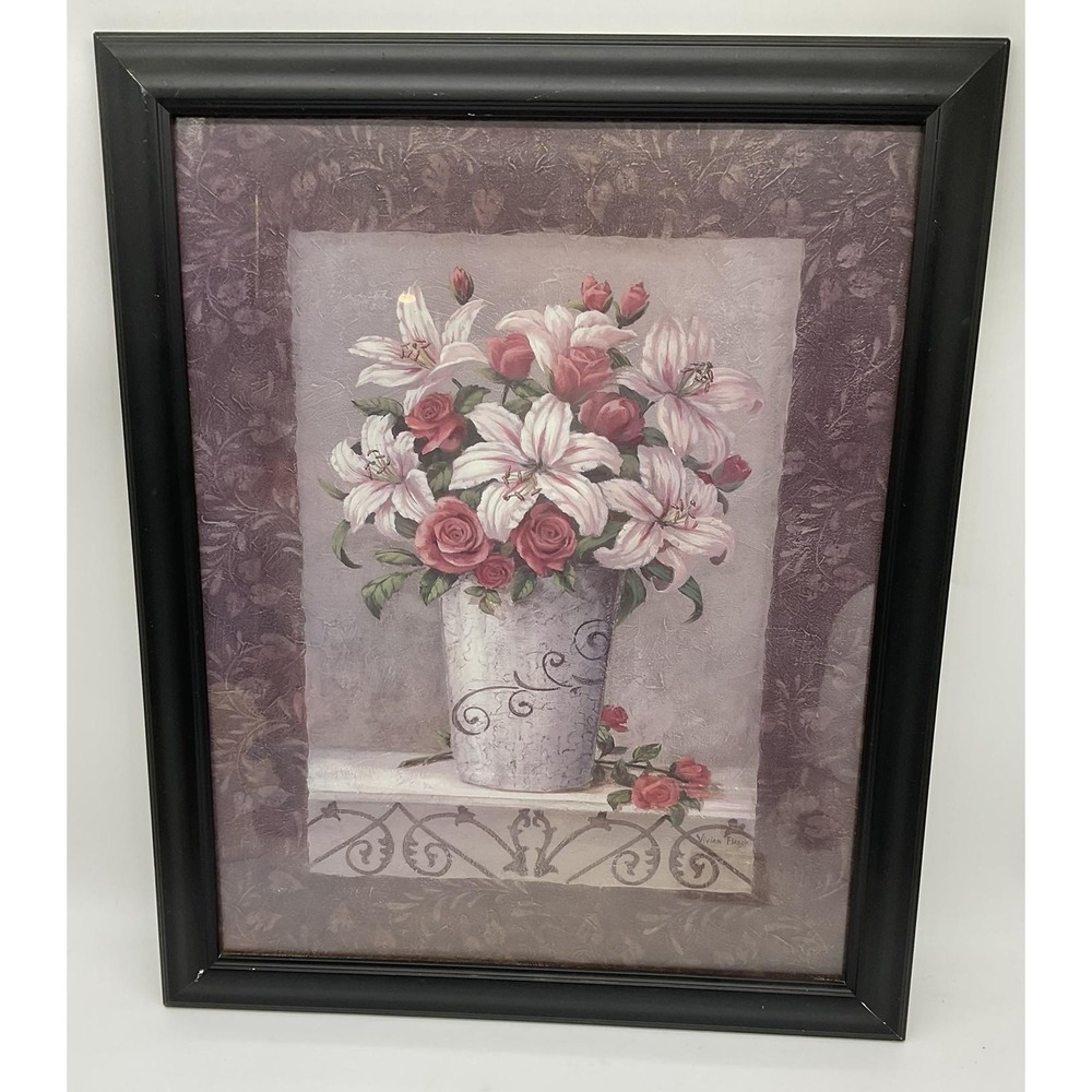 VTG Vivian Flasch Pink White Floral Bouquet Framed Art Print 24x20 Wall Decor